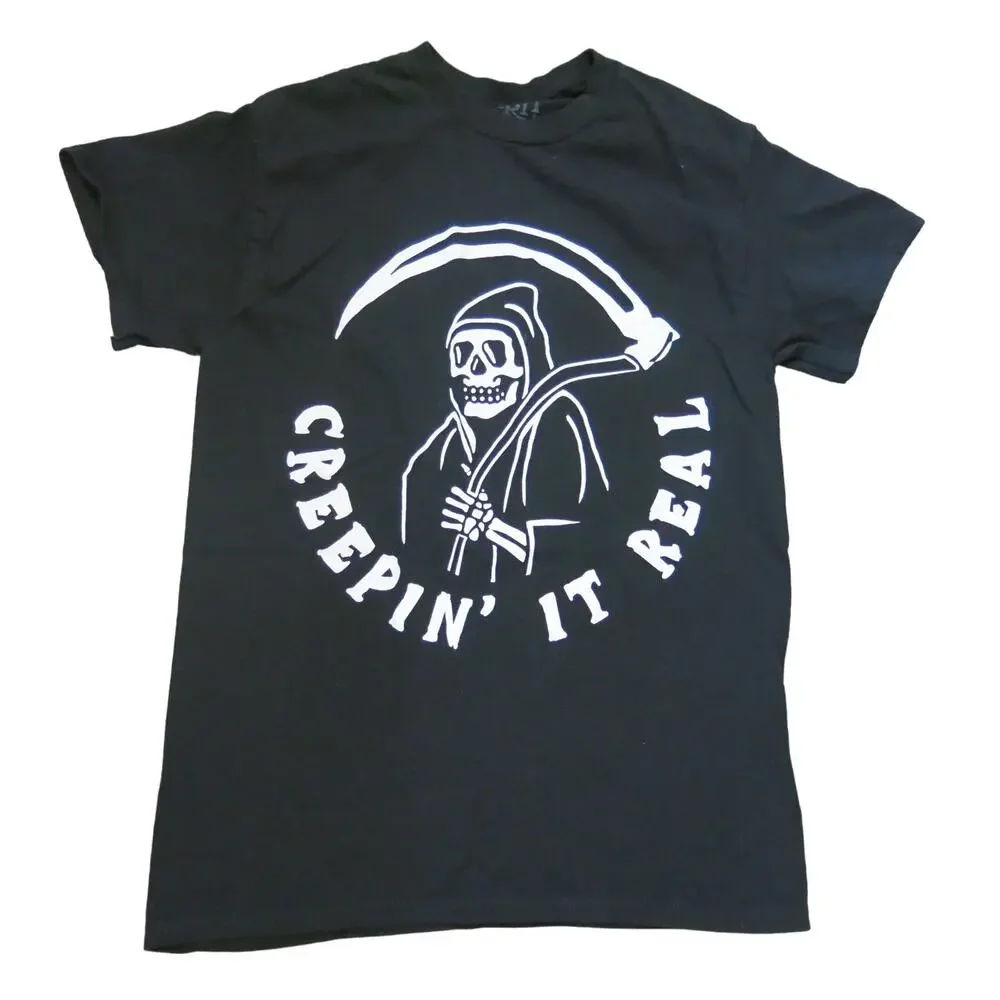 SPIRIT HALLOWEEN Creepin It Real Grim Reaper T Shirt Size S Adult Goth Black